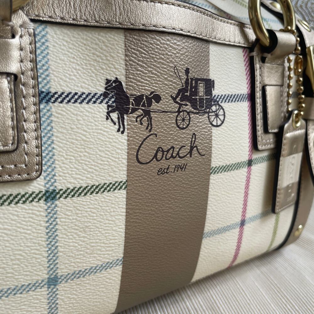 Rare Coach Heritage Stripe Tattersall Gold XL Satchel 13040 Plaid, Metallic NWOT - Picture 9 of 10